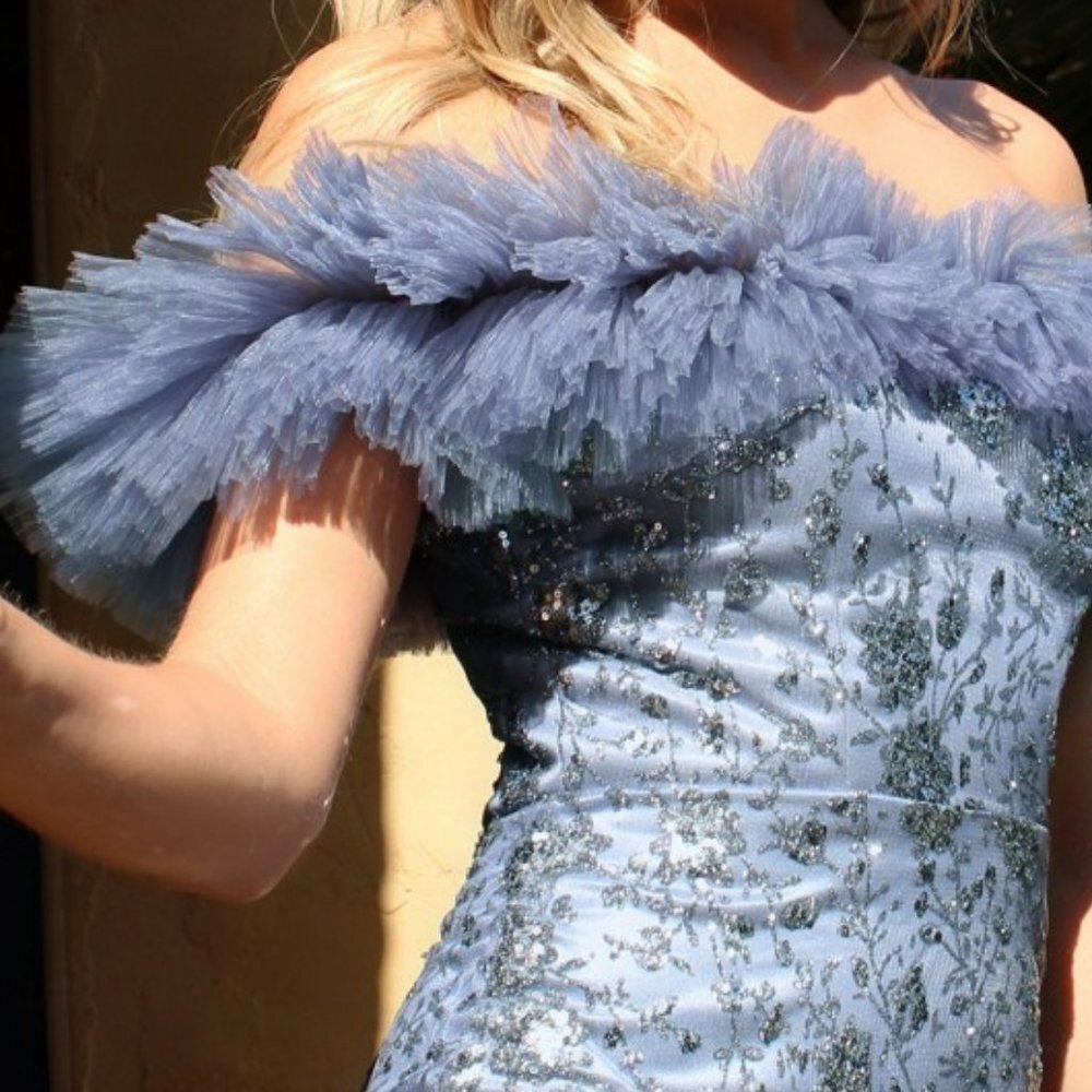 SMOKEY BLUE FITTED SHORT GLITTER PRINT party evening short mini  DRESS  cd830 - Picture 2 of 5